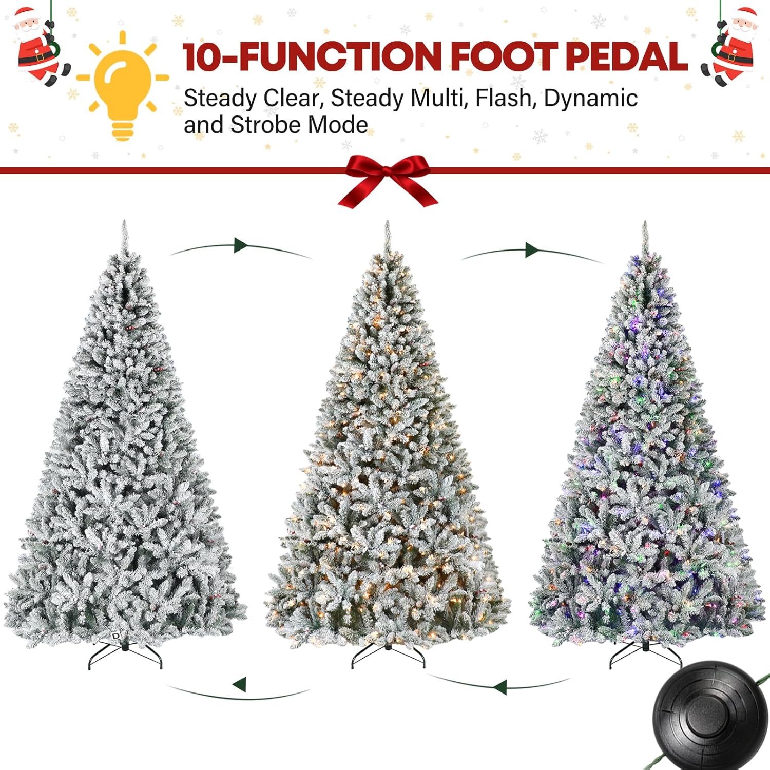 Vivatrees 6.5'/7.5'/9' Prelit Snow Flocked Christmas Tree with Pine Cones and Berries, Color Changing LED Lights, Branch Tips, Metal Stand and Hinged Branches, 10 Color Modes