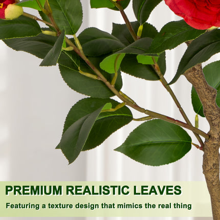 VIVATREES 3ft Artificial Camellia Tree 2 Pack, 36'' Tall Faux Camellia Plant with Red Flowers, UV Resistant Indoor Outdoor Fake Tree with White Planter Pot Included for Home Patio Wedding Decor