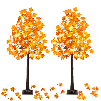 2 Pack 5FT Artificial Lighted Maple Tree with 96 LEDs, Fall Tree with Warm White Lights for Indoor Outdoor Autumn Halloween Thanksgiving Decor