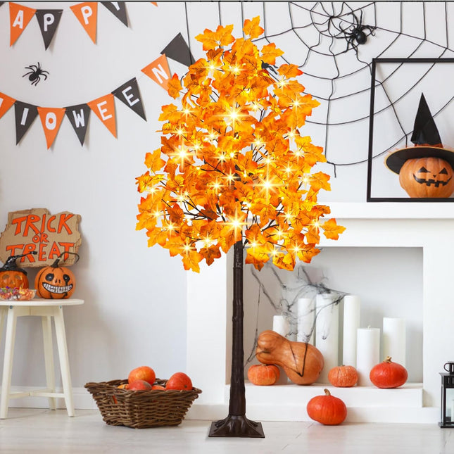 6FT Artificial Lighted Maple Tree, 120LED Tall Tree with Warm White Lights and Maple Leaves for Thanksgiving, Christmas, Autumn Harvest Outdoor Indoor Home Decor, Orange