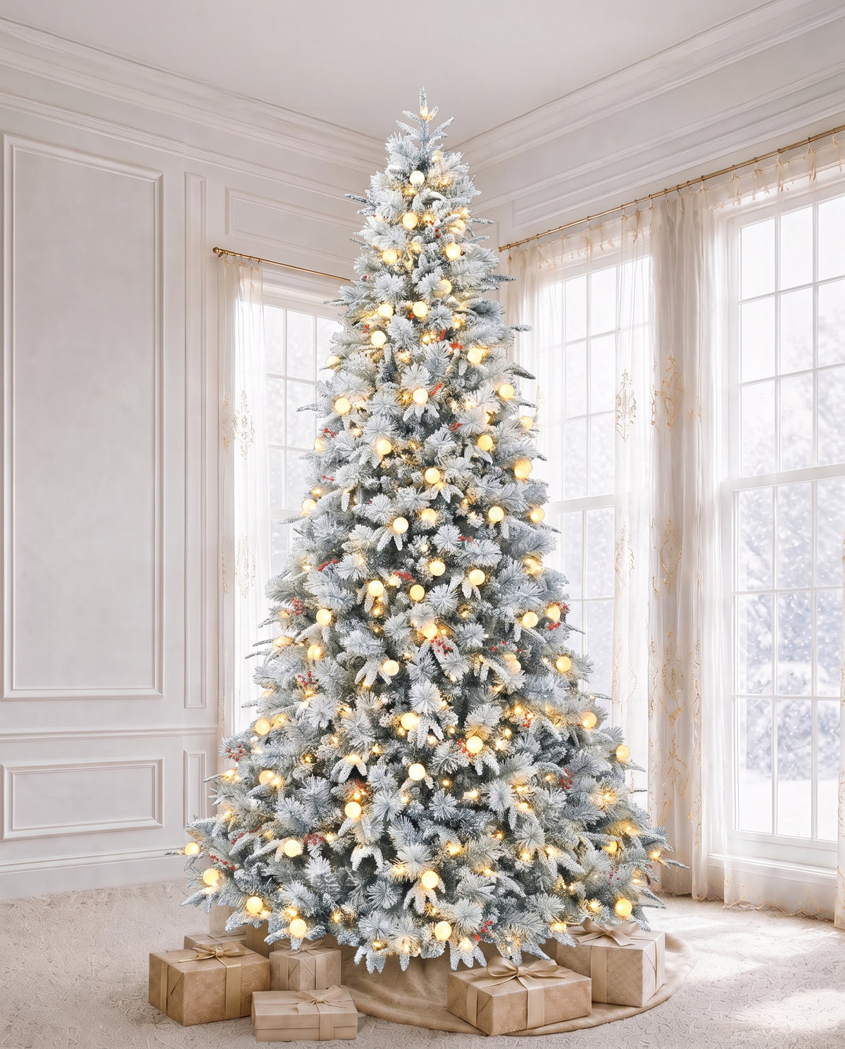 9' Woodland Flocked Pine Artificial Christmas Tree with 600 Warm White & Color LED Lights