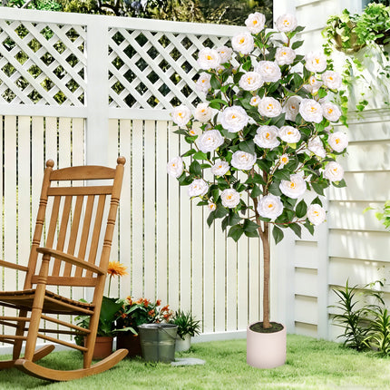 VIVATREES 5ft Artificial Camellia Tree, 60'' Tall Faux Camellia Plant with White Flowers, UV Resistant Indoor Outdoor Fake Tree with White Planter Pot Included for Living Room Patio Wedding Decor