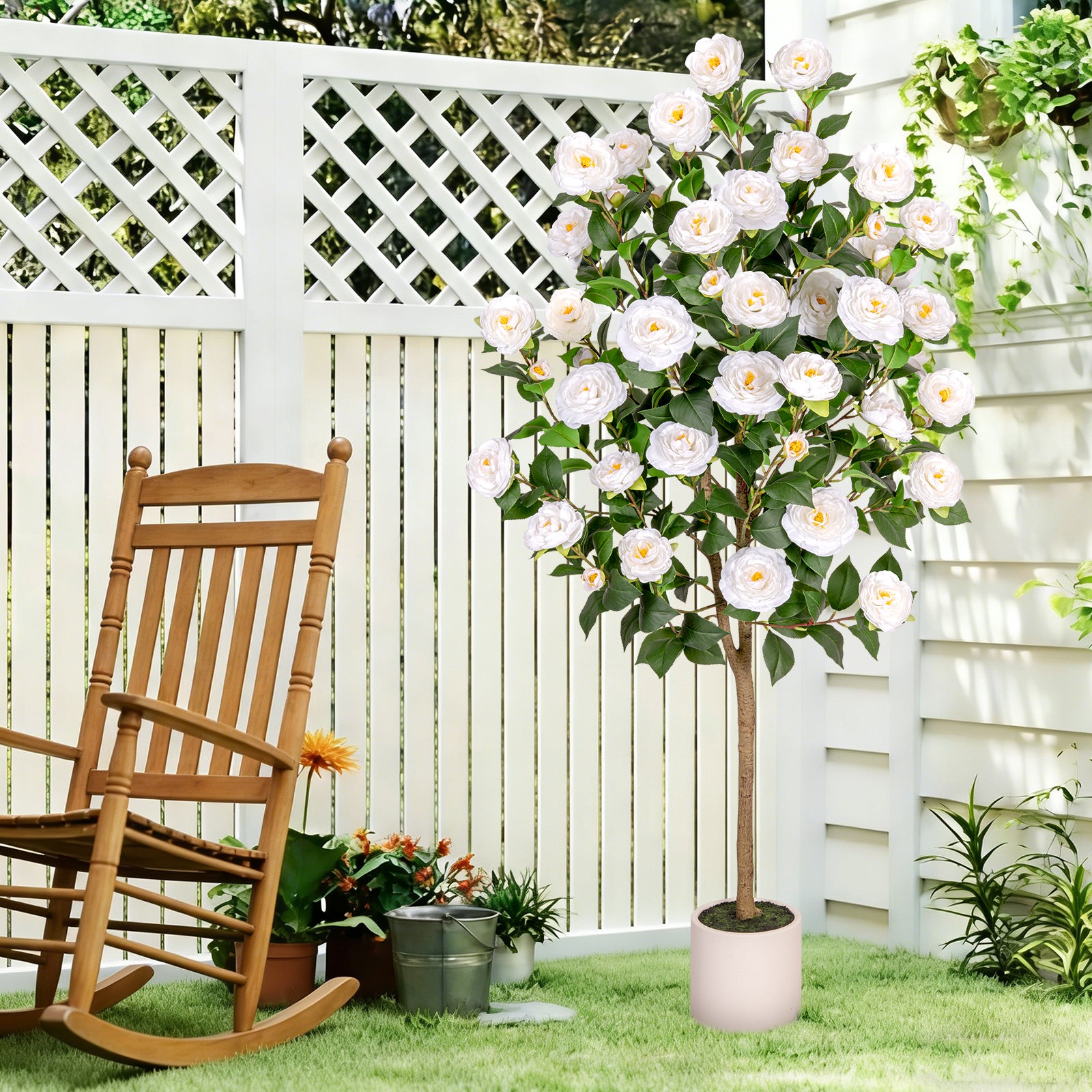 VIVATREES 5ft Artificial Camellia Tree, 60'' Tall Faux Camellia Plant with White Flowers, UV Resistant Indoor Outdoor Fake Tree with White Planter Pot Included for Living Room Patio Wedding Decor