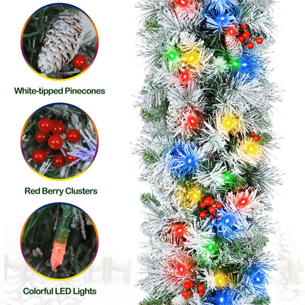 9' Prelit Snow Flocked Christmas Garland with 50 Multi-Color LED Lights, Pinecones and Red Berries, Artificial Christmas Garland, Battery Operated with Timer