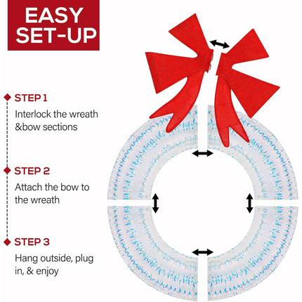 4' Lighted Outdoor Iridescent Christmas Wreath with 140 LED Lights, Outdoor Christmas Holiday Decoration with Bow for Garden, Porch - White