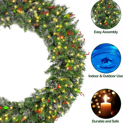 48'' Large Pre-Lit Christmas Wreath with 200 Warm White LED Lights, 434 Branch Tips, Artificial Wintry Pine Wreath with Timer, Pinecones & Red Berries, Plug in