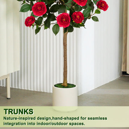 VIVATREES 5ft Artificial Camellia Tree, 60'' Tall Faux Camellia Plant with Red Flowers, UV Resistant Indoor Outdoor Fake Tree with White Planter Pot Included for Living Room Patio Wedding Decor