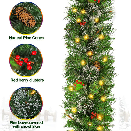 12' Prelit Christmas Garland with 100 Warm White Lights, Artificial Garland with 288 PVC Branch Tips, Adorned with Pinecones & Red Berries, Battery Operated