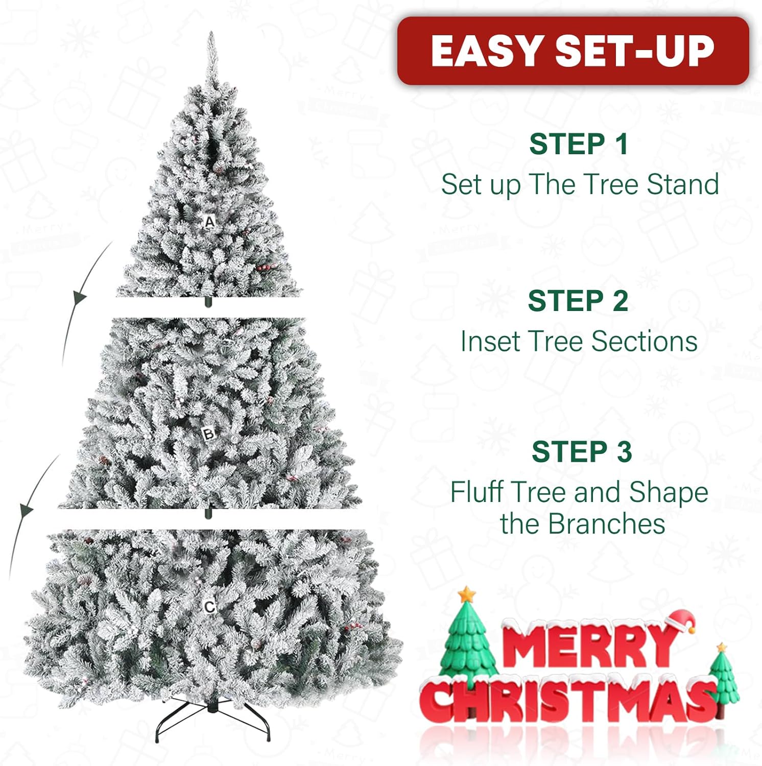 Vivatrees 6.5'/7.5'/9' Prelit Snow Flocked Christmas Tree with Pine Cones and Berries, Color Changing LED Lights, Branch Tips, Metal Stand and Hinged Branches, 10 Color Modes
