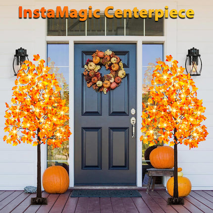 2 Pack 5FT Artificial Lighted Maple Tree with 96 LEDs, Fall Tree with Warm White Lights for Indoor Outdoor Autumn Halloween Thanksgiving Decor