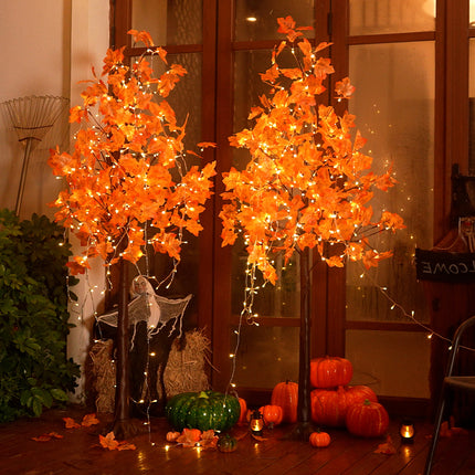 2 Pack 6FT Artificial Lighted Maple Tree with 120 LEDs, Fall Tree with Warm White Lights for Indoor Outdoor Autumn Halloween Thanksgiving Decor