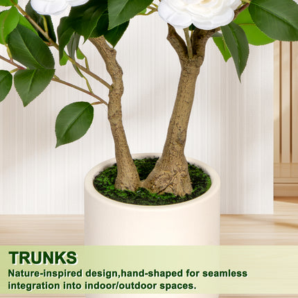 VIVATREES 3ft Artificial Camellia Tree 2 Pack, 36'' Tall Faux Camellia Plant with White Flowers, UV Resistant Indoor Outdoor Fake Tree with White Planter Pot Included for Home Patio Wedding Decor