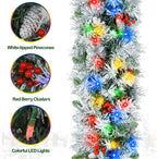 12' Snow Flocked Christmas Garland with 100 Multicolor LED Lights, Pinecones & Red Berries, Prelit Artificial Christmas Garland, Battery Operated with Timer