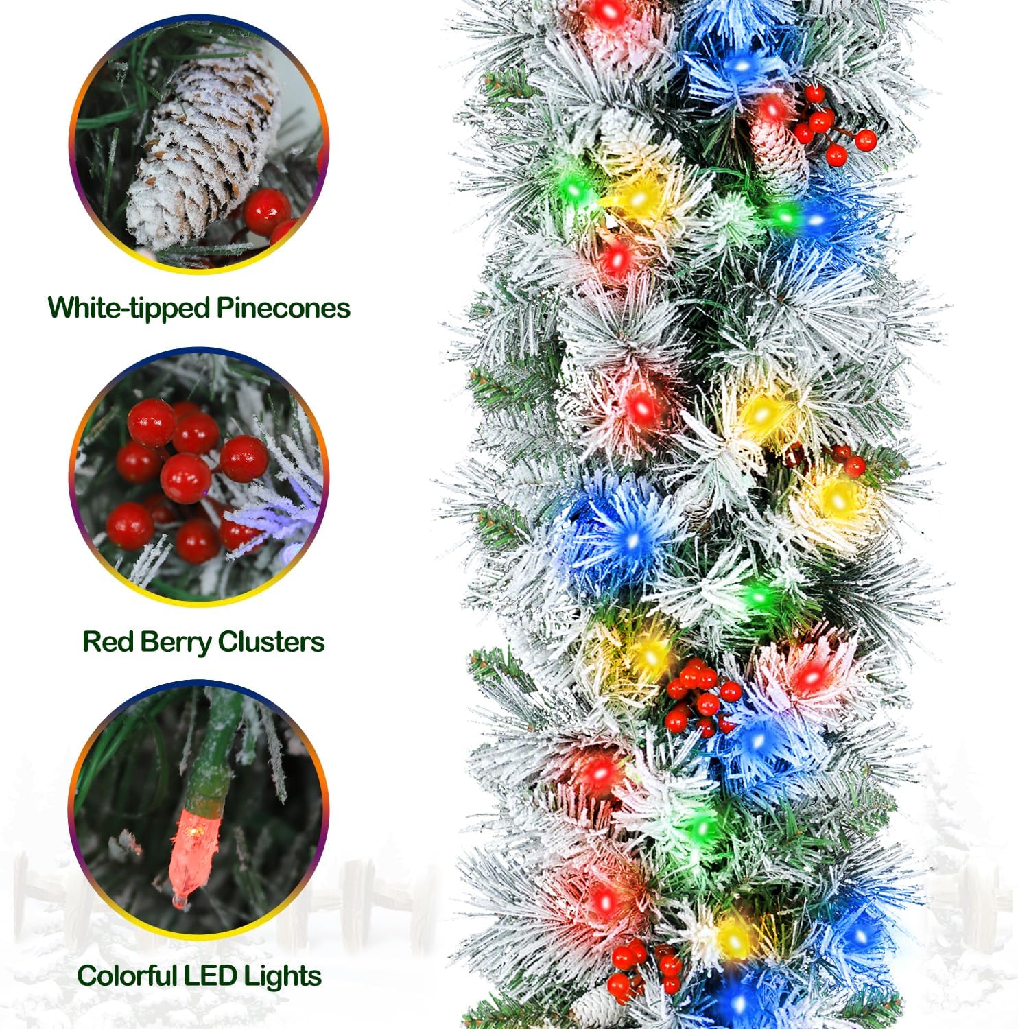 12' Snow Flocked Christmas Garland with 100 Multicolor LED Lights, Pinecones & Red Berries, Prelit Artificial Christmas Garland, Battery Operated with Timer