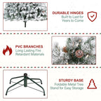 VIVATREES 6.5'/7.5'/9' Snow Flocked Prelit Christmas Tree with Pine Cones, Warm White Lights, Metal Stand and Hinged Branches