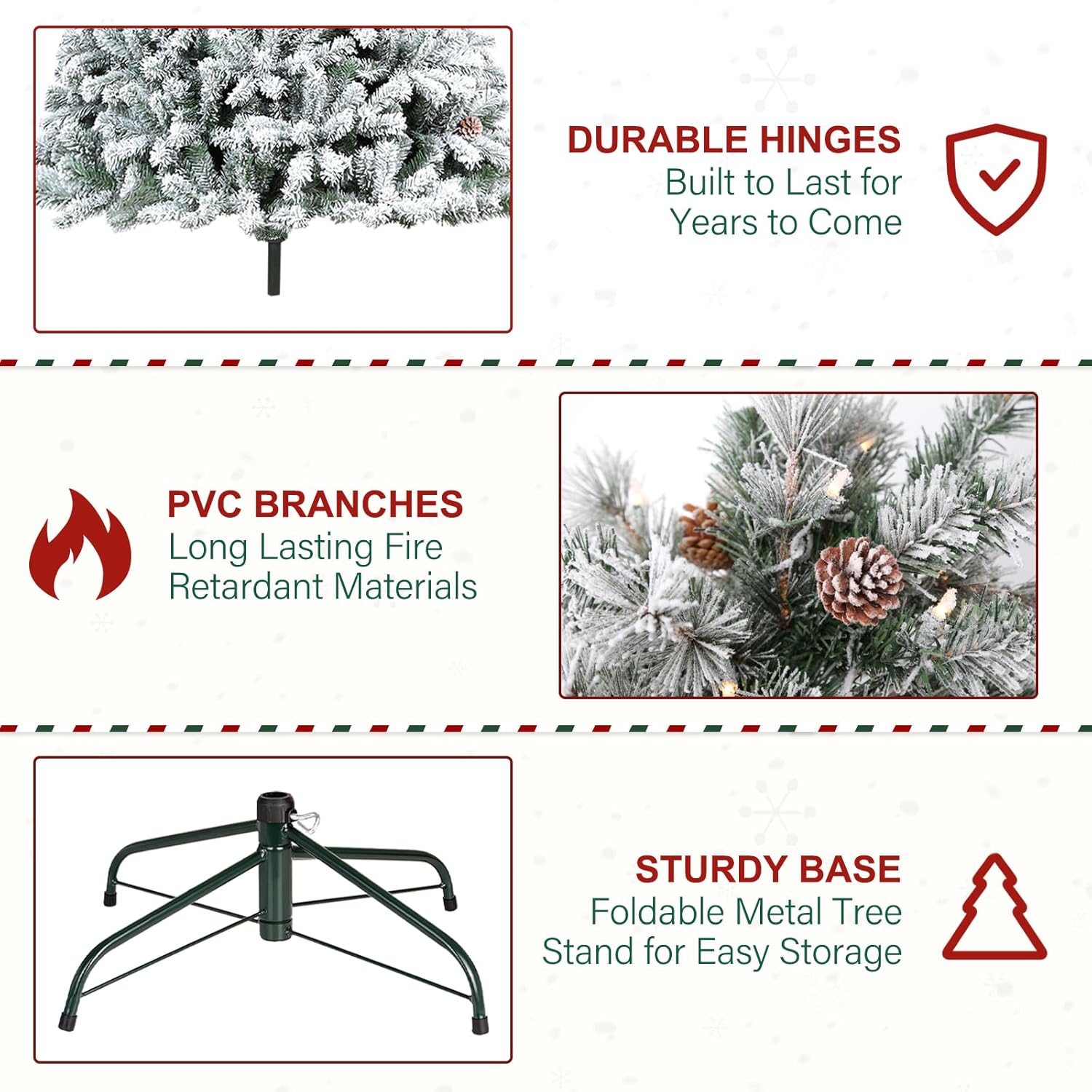 VIVATREES 6.5'/7.5'/9' Snow Flocked Prelit Christmas Tree with Pine Cones, Warm White Lights, Metal Stand and Hinged Branches
