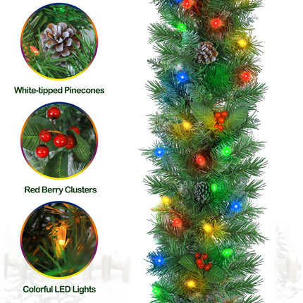 12' Prelit Christmas Garland with 100 Multi Color LED Lights, Artificial Christmas Garland with 316 PVC Branch Tips, Adorned with Pinecones & Red Berries, Battery Operated