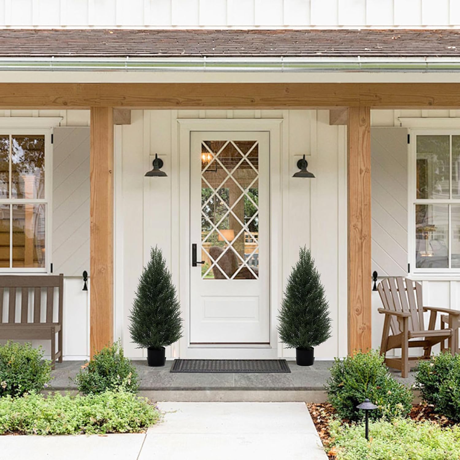 VIVATREES 2Pack 3ft Outdoor Artificial Cedar Topiary Trees, All-Weather Faux Pine for Home Porch Entryway Decor