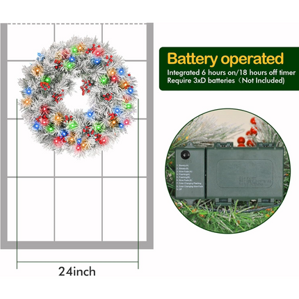 24'' Snow Flocked Artificial Christmas Wreath, Wintry Pine, Pre-lit Frosted Wreath with 50 Multi-color LED Lights, Battery Operated with Timer, Adorned with Pinecones, Red Berries