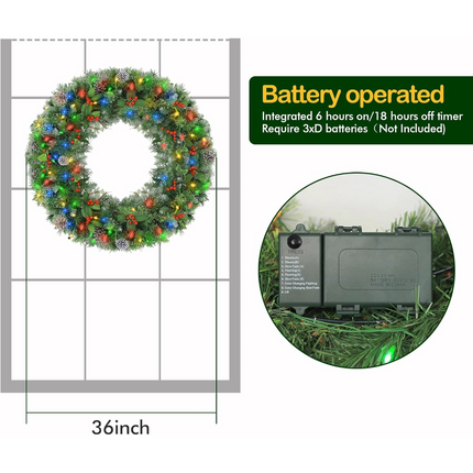36'' Prelit Christmas Wreath with 150 Multi Color LED Lights, Artificial Christmas Wreath with 300 PVC Branch Tips, Decorated with Pinecones, Berries, Battery Operated