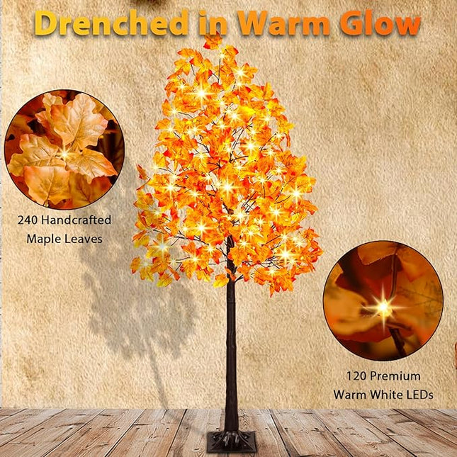 6FT Artificial Lighted Maple Tree, 120LED Tall Tree with Warm White Lights and Maple Leaves for Thanksgiving, Christmas, Autumn Harvest Outdoor Indoor Home Decor, Orange