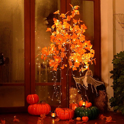 5FT Artificial Lighted Maple Tree, 96LED Tall Tree with Warm White Lights and Maple Leaves for Thanksgiving, Christmas, Autumn Harvest Outdoor Indoor Home Decor, Orange