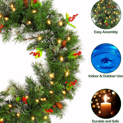 30'' Pre-Lit Christmas Wreath Wintry Pine with 100 Warm White LED Lights, 223 Branch Tips, Artificial Wreath with Timer & Hanger, Adorned with Pinecones & Red Berries, Battery Operated