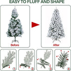 6.5' Snow Flocked Artificial Christmas Tree with Pine Cones, Metal Stand and Hinged Branches