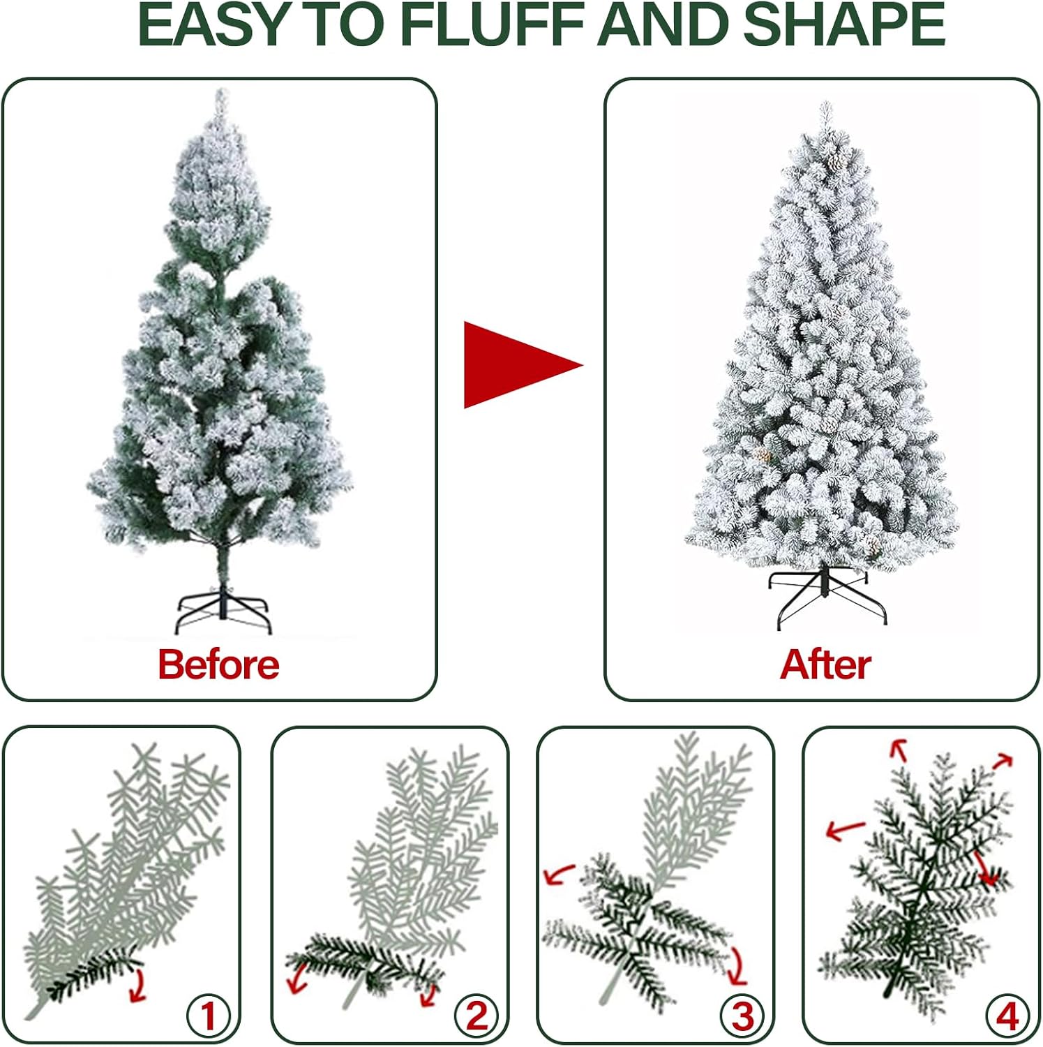 6.5' Snow Flocked Artificial Christmas Tree with Pine Cones, Metal Stand and Hinged Branches
