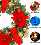 24'' Pre-Lit Artificial Christmas Wreath with 50 Warm White LED Lights, 100 PE Branch Tips, Battery Operated Christmas Wreath with Poinsettias and Ball Ornaments, Hanger Included, Red