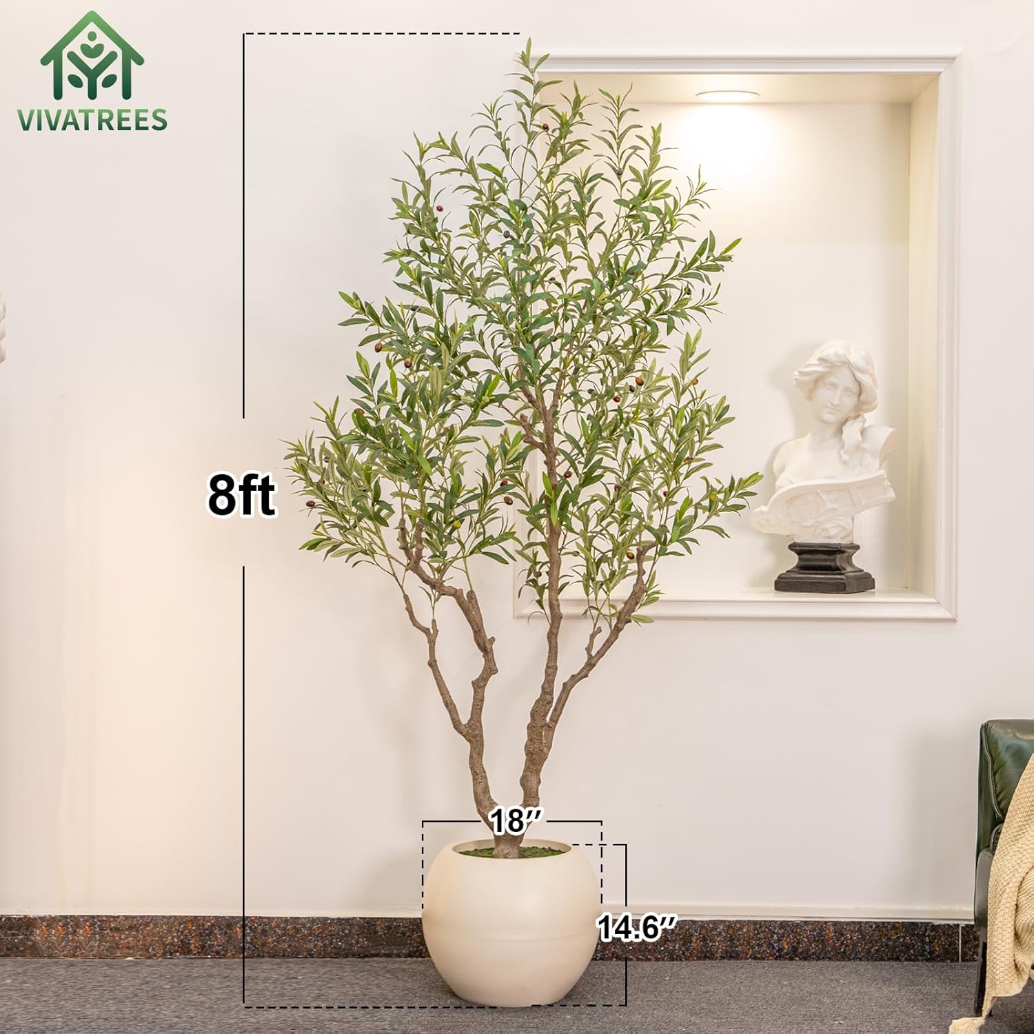Olive Tree Artificial Indoor, 8FT Tall Faux Olive Tree with 18in Round White Planter, Artificial Plants with Natural Wood Trunk and Lifelike Fruits for Home Office Decor