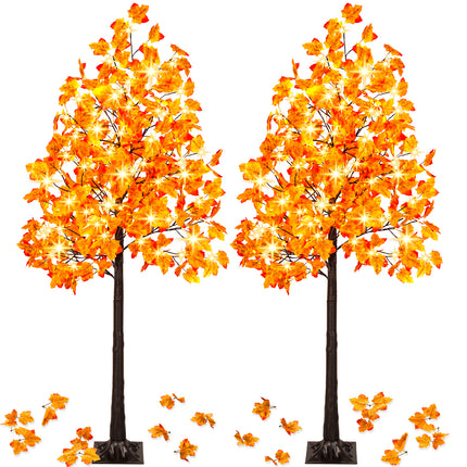 2 Pack 6FT Artificial Lighted Maple Tree with 120 LEDs, Fall Tree with Warm White Lights for Indoor Outdoor Autumn Halloween Thanksgiving Decor