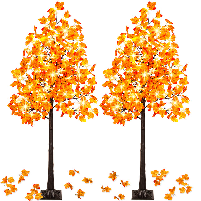2 Pack 6FT Artificial Lighted Maple Tree with 120 LEDs, Fall Tree with Warm White Lights for Indoor Outdoor Autumn Halloween Thanksgiving Decor