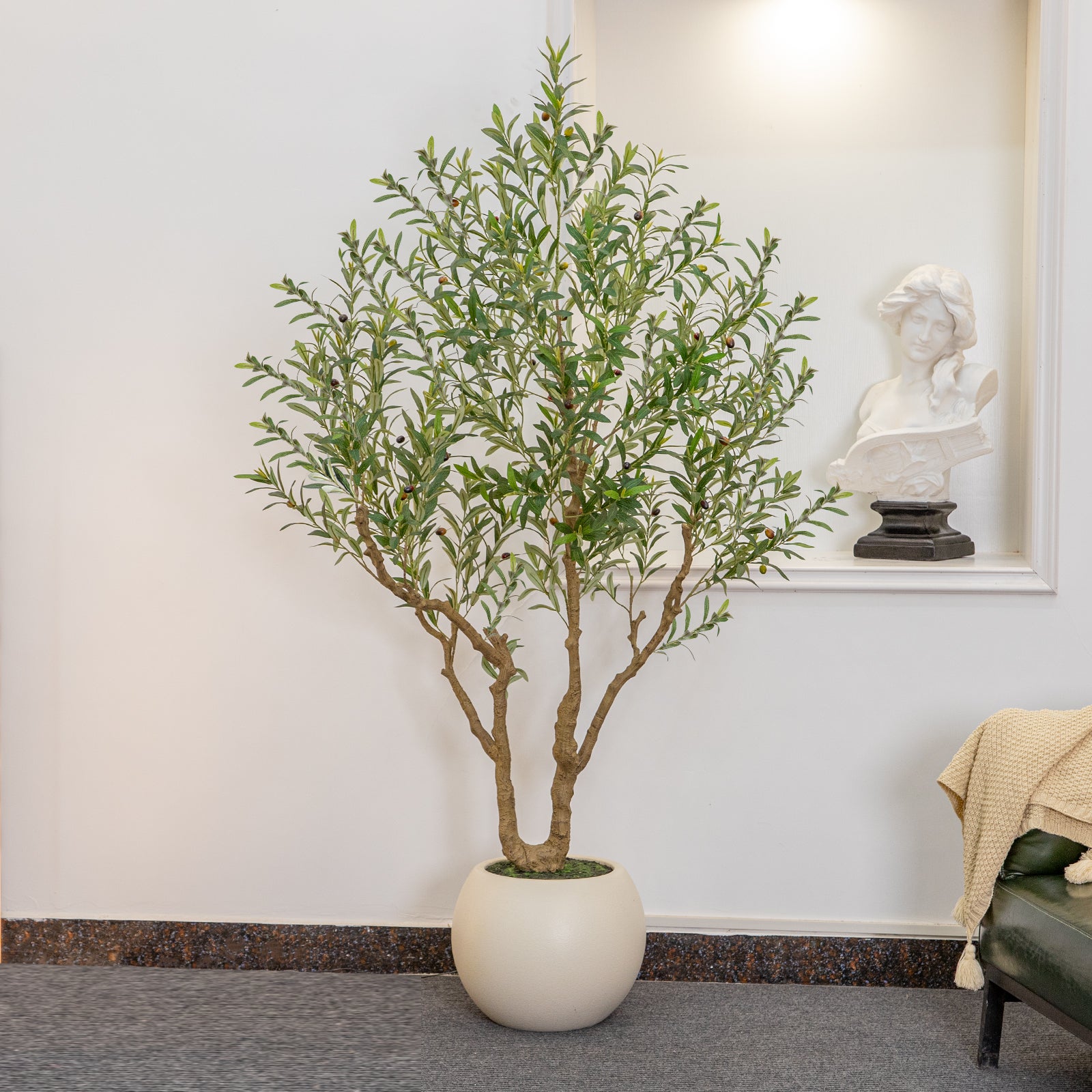 Olive Tree Artificial Indoor, 8FT Tall Faux Olive Tree with 18in Round White Planter, Artificial Plants with Natural Wood Trunk and Lifelike Fruits for Home Office Decor