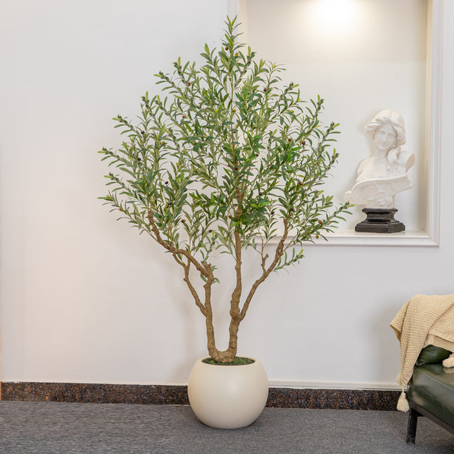 Olive Tree Artificial Indoor, 8FT Tall Faux Olive Tree with 18in Round White Planter, Artificial Plants with Natural Wood Trunk and Lifelike Fruits for Home Office Decor