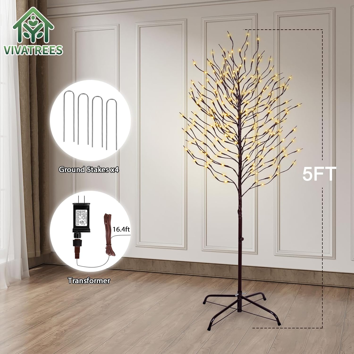 VIVATREES Twinkling Twig Trees, 5ft Lighted Branches with Warm White Fairy Lights, Indoor Outdoor Christmas & Wedding Decor (Brown Branch Star Trees)