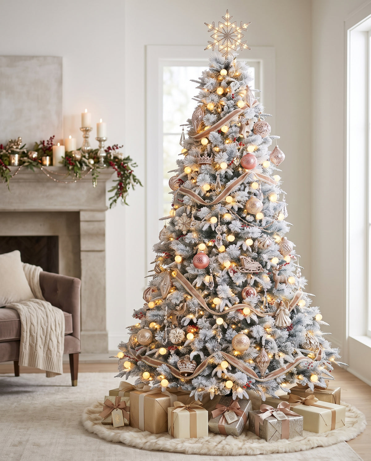 7.5' Woodland Flocked Pine Artificial Christmas Tree with 450 Warm White & Color LED Lights