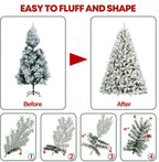 VIVATREES 6.5'/7.5'/9' Snow Flocked Prelit Christmas Tree with Pine Cones, Warm White Lights, Metal Stand and Hinged Branches