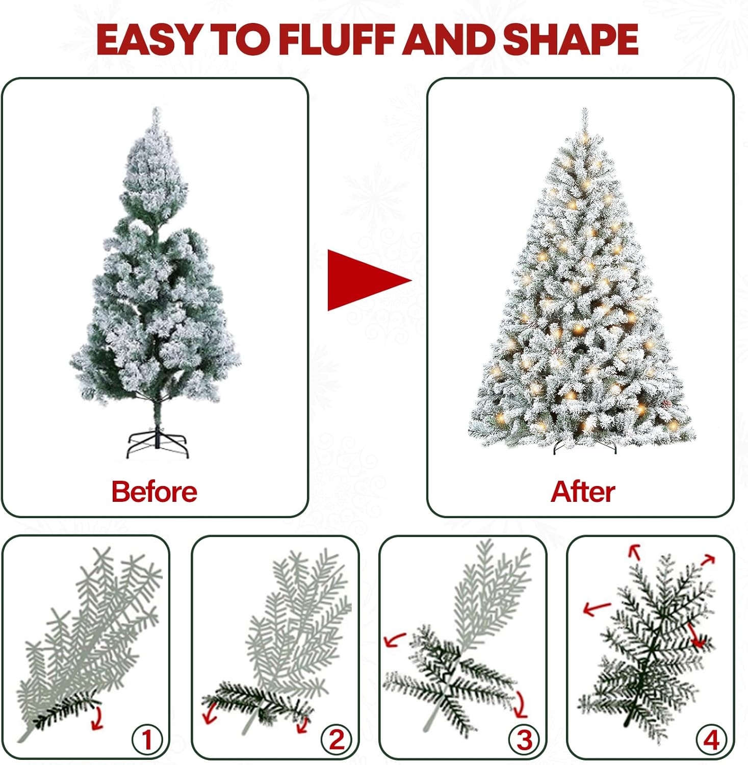 VIVATREES 6.5'/7.5'/9' Snow Flocked Prelit Christmas Tree with Pine Cones, Warm White Lights, Metal Stand and Hinged Branches