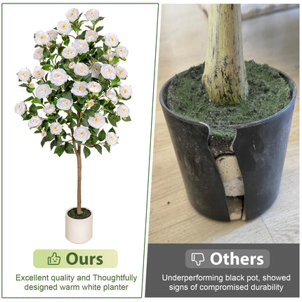 VIVATREES 5ft Artificial Camellia Tree, 60'' Tall Faux Camellia Plant with White Flowers, UV Resistant Indoor Outdoor Fake Tree with White Planter Pot Included for Living Room Patio Wedding Decor
