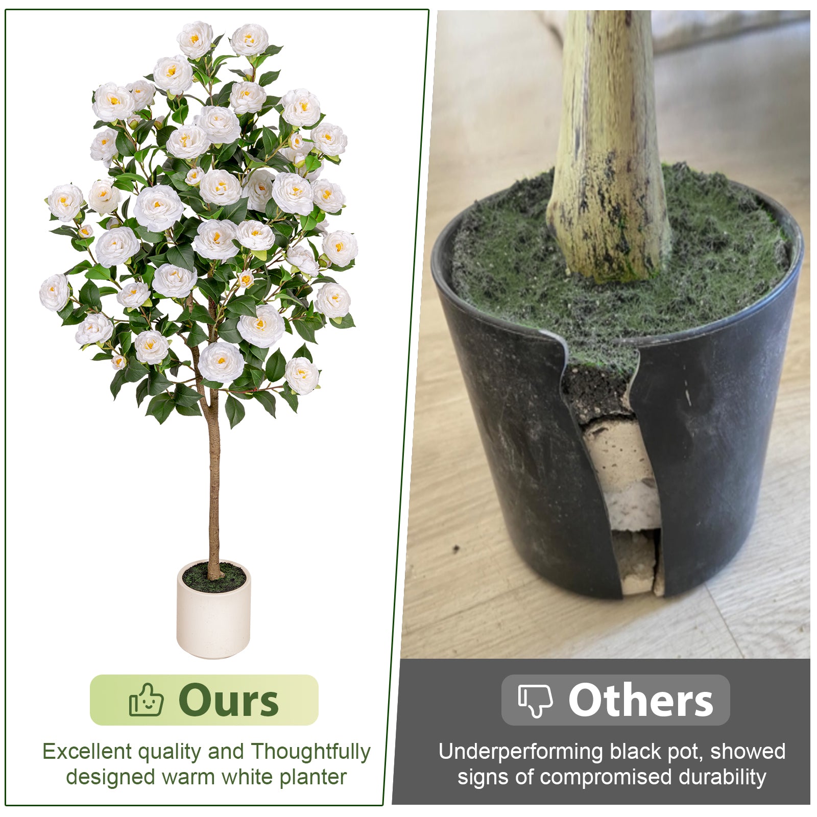 VIVATREES 5ft Artificial Camellia Tree, 60'' Tall Faux Camellia Plant with White Flowers, UV Resistant Indoor Outdoor Fake Tree with White Planter Pot Included for Living Room Patio Wedding Decor