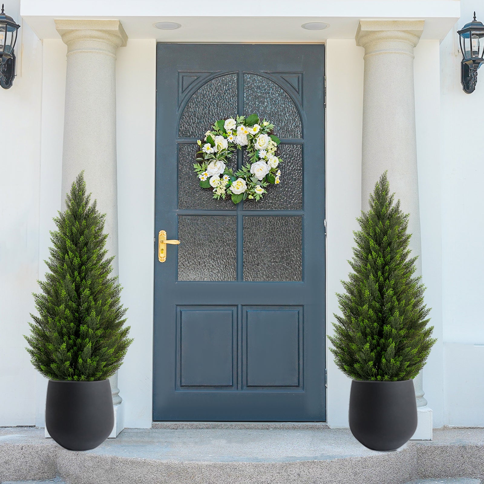 VIVATREES 2Pack 5ft Outdoor Artificial Cedar Topiary Trees, All-Weather Faux Pine for Home Porch Entryway Decor