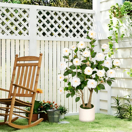 VIVATREES 3ft Artificial Camellia Tree 2 Pack, 36'' Tall Faux Camellia Plant with White Flowers, UV Resistant Indoor Outdoor Fake Tree with White Planter Pot Included for Home Patio Wedding Decor