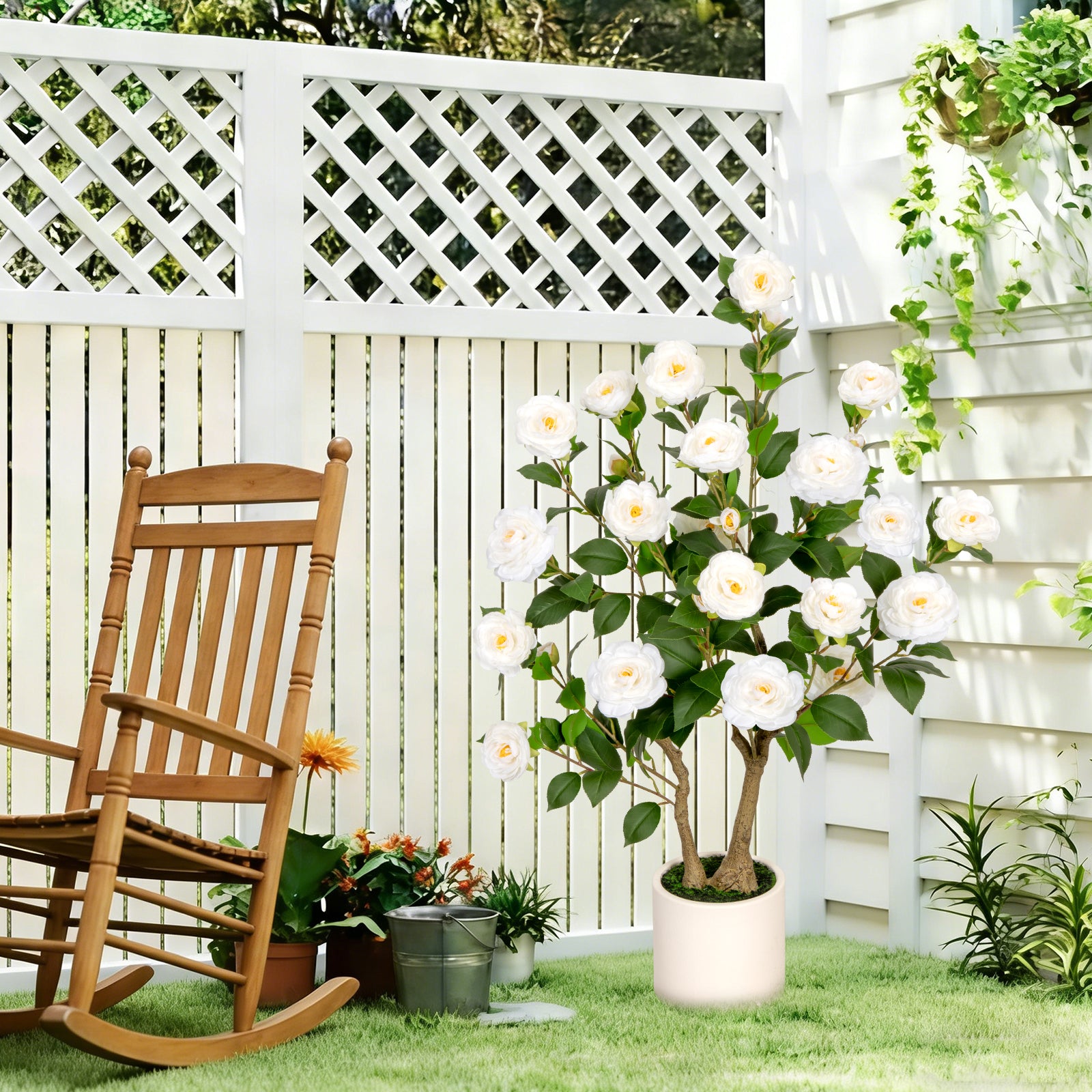 VIVATREES 3ft Artificial Camellia Tree 2 Pack, 36'' Tall Faux Camellia Plant with White Flowers, UV Resistant Indoor Outdoor Fake Tree with White Planter Pot Included for Home Patio Wedding Decor