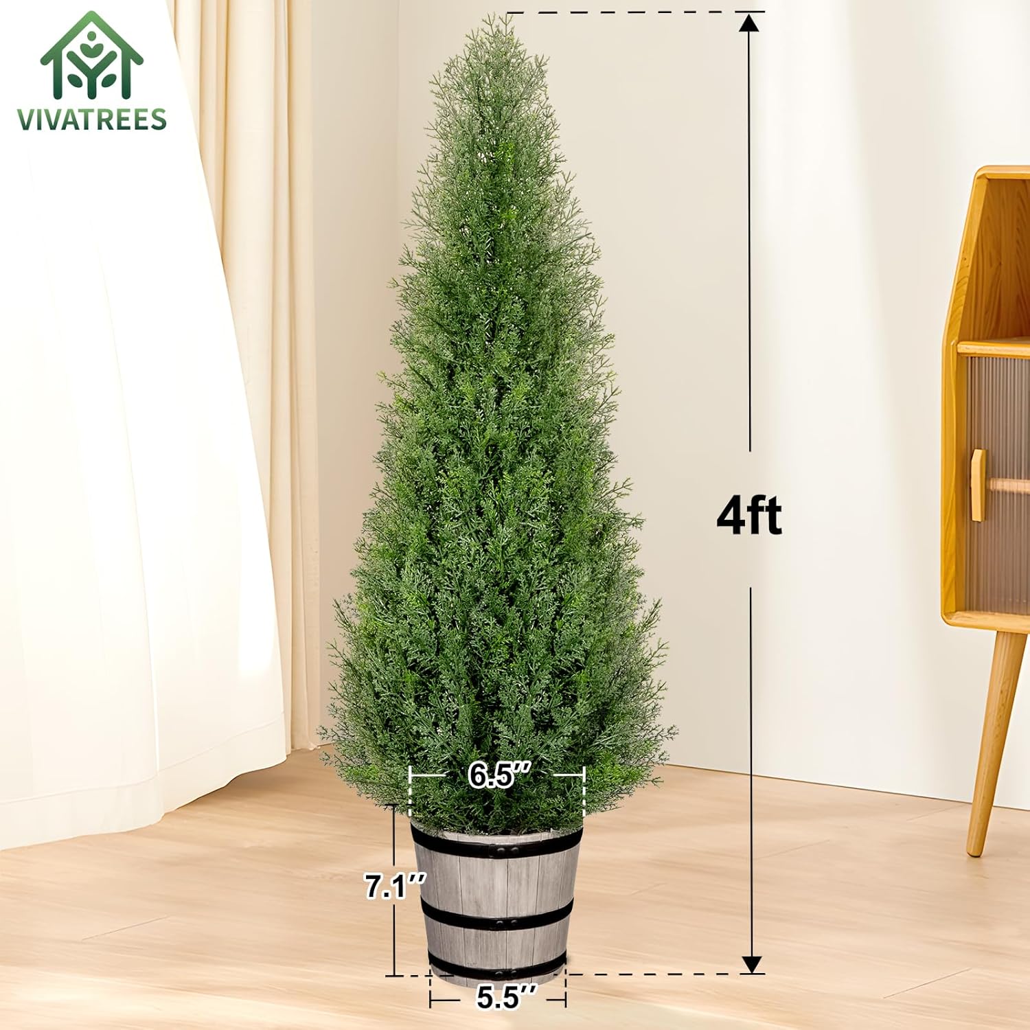 4FT Artificial Cedar Topiary Trees with Rustic Barrel Planter, Outdoor Indoor Realistic Faux Pine Shrubs Plants, Fake Cypress Trees for Home Offices Porch Decor, Set of 2