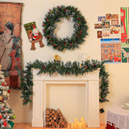 30'' Pre-Lit Christmas Wreath Wintry Pine with 100 Warm White LED Lights, 223 Branch Tips, Artificial Wreath with Timer & Hanger, Adorned with Pinecones & Red Berries, Battery Operated