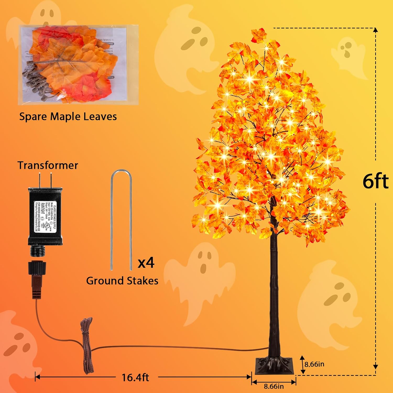 6FT Artificial Lighted Maple Tree, 120LED Tall Tree with Warm White Lights and Maple Leaves for Thanksgiving, Christmas, Autumn Harvest Outdoor Indoor Home Decor, Orange