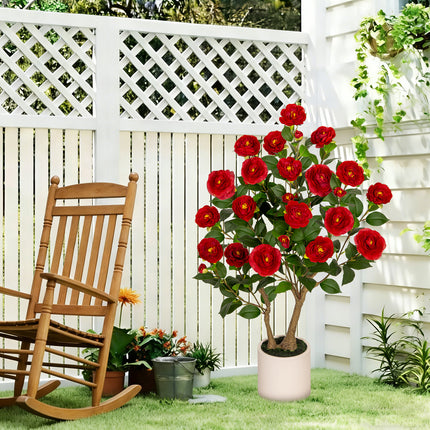 VIVATREES 3ft Artificial Camellia Tree 2 Pack, 36'' Tall Faux Camellia Plant with Red Flowers, UV Resistant Indoor Outdoor Fake Tree with White Planter Pot Included for Home Patio Wedding Decor