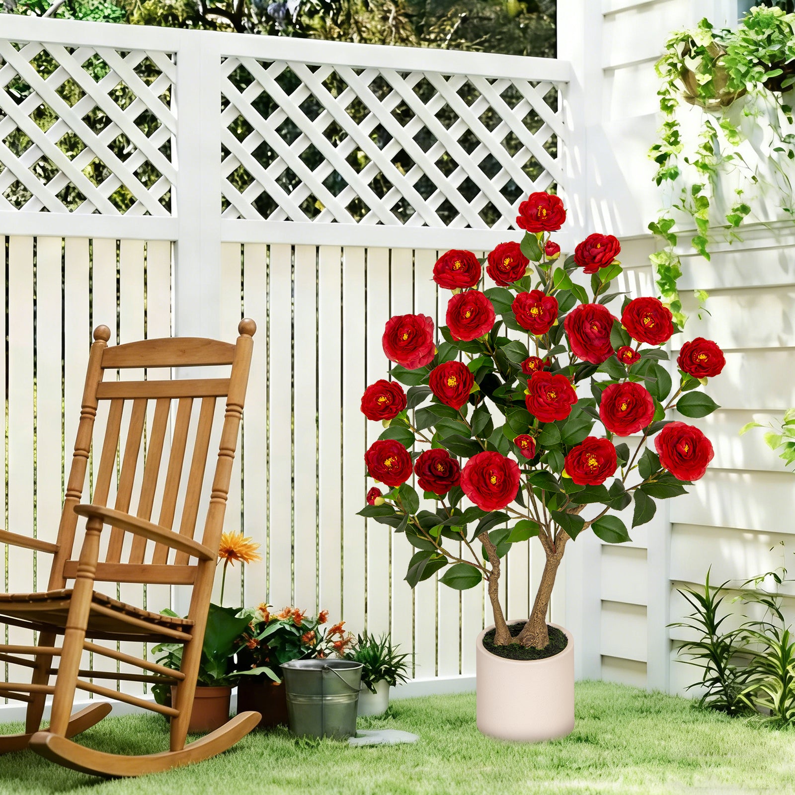 VIVATREES 3ft Artificial Camellia Tree 2 Pack, 36'' Tall Faux Camellia Plant with Red Flowers, UV Resistant Indoor Outdoor Fake Tree with White Planter Pot Included for Home Patio Wedding Decor