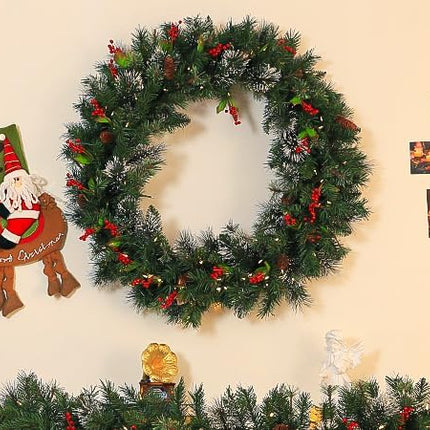 48'' Large Pre-Lit Christmas Wreath with 200 Warm White LED Lights, 434 Branch Tips, Artificial Wintry Pine Wreath with Timer, Pinecones & Red Berries, Plug in